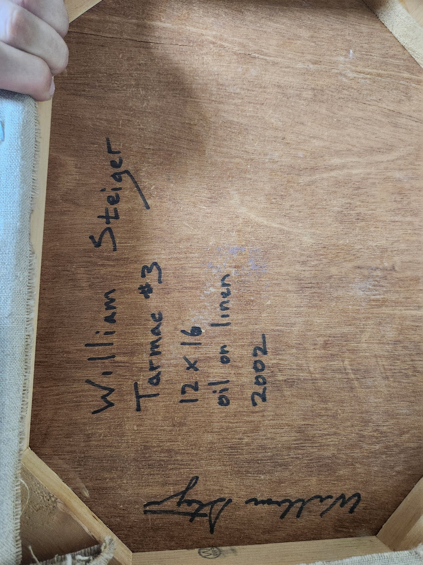 Reverse of the stretcher inscribed by the artist: William Steiger, Tarmac #3, 12 x 16, oil on linen, 2002, with signature