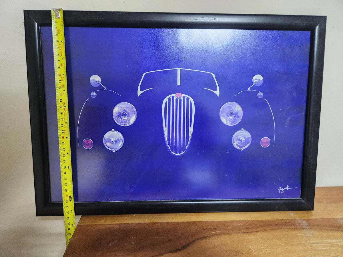 Signed Limited Edition Print 11/100 – Jaguar XK Front on Blue – Framed – 50 × 33 cm