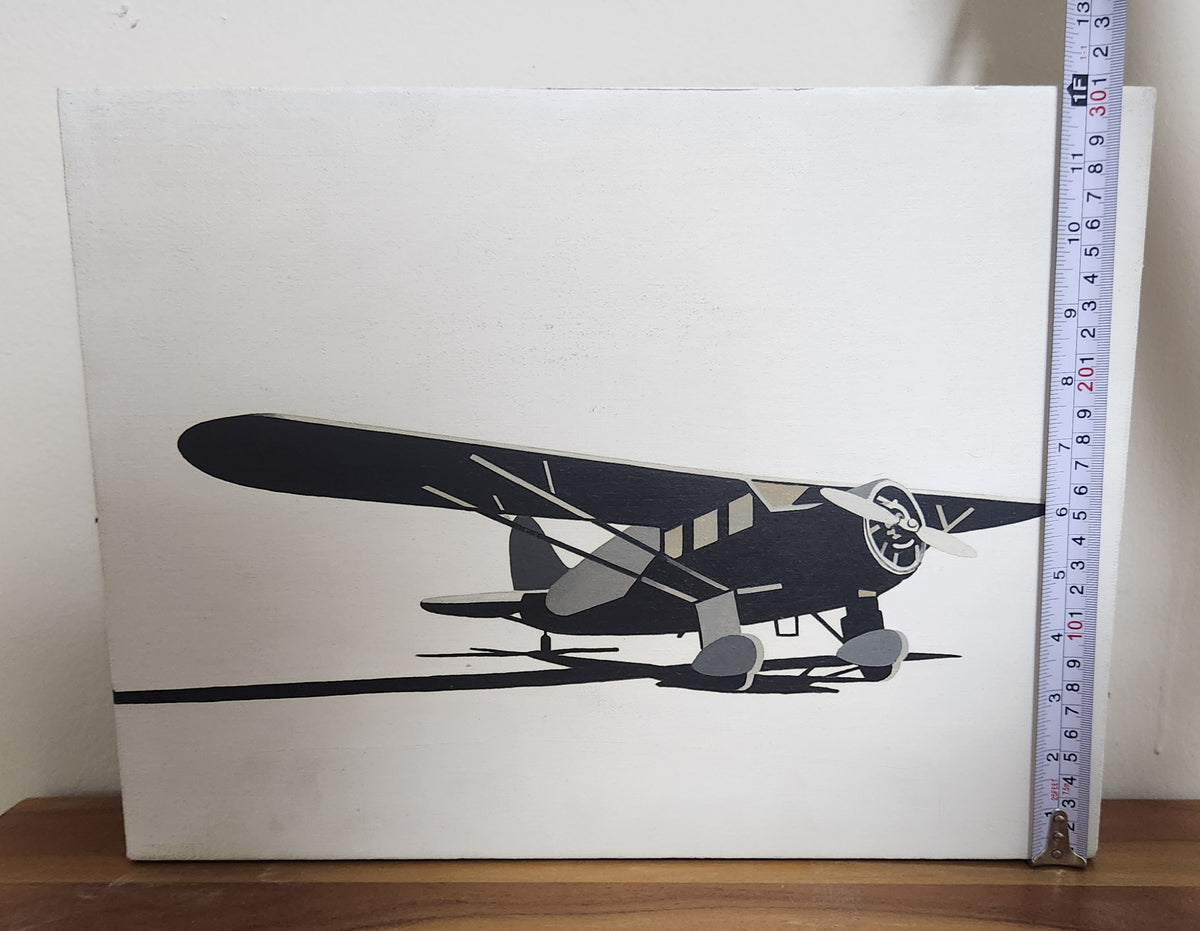 William Steiger, Tarmac #4, 2002 — original oil on linen painting of a vintage monoplane seen head-on, unframed