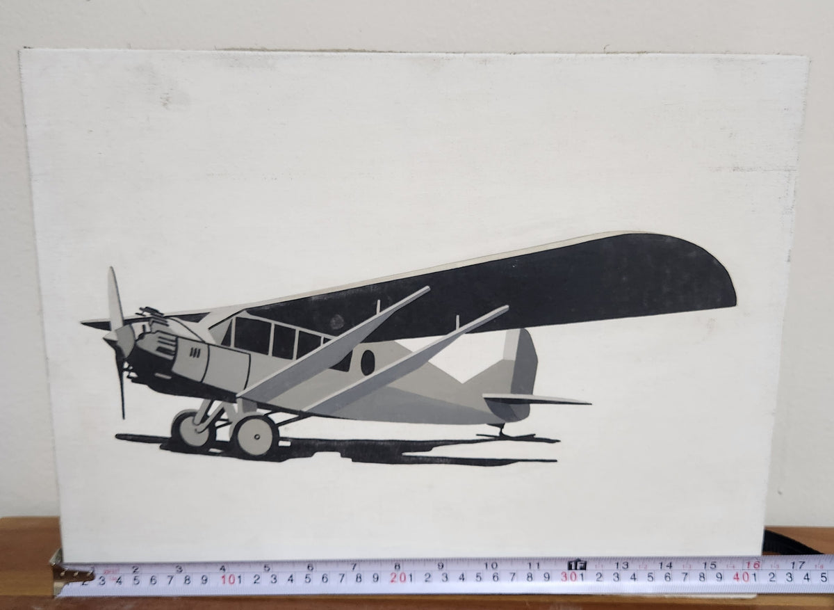 William Steiger, Tarmac #3, 2002 — original oil on linen painting of a 1920s monoplane on a white ground, unframed