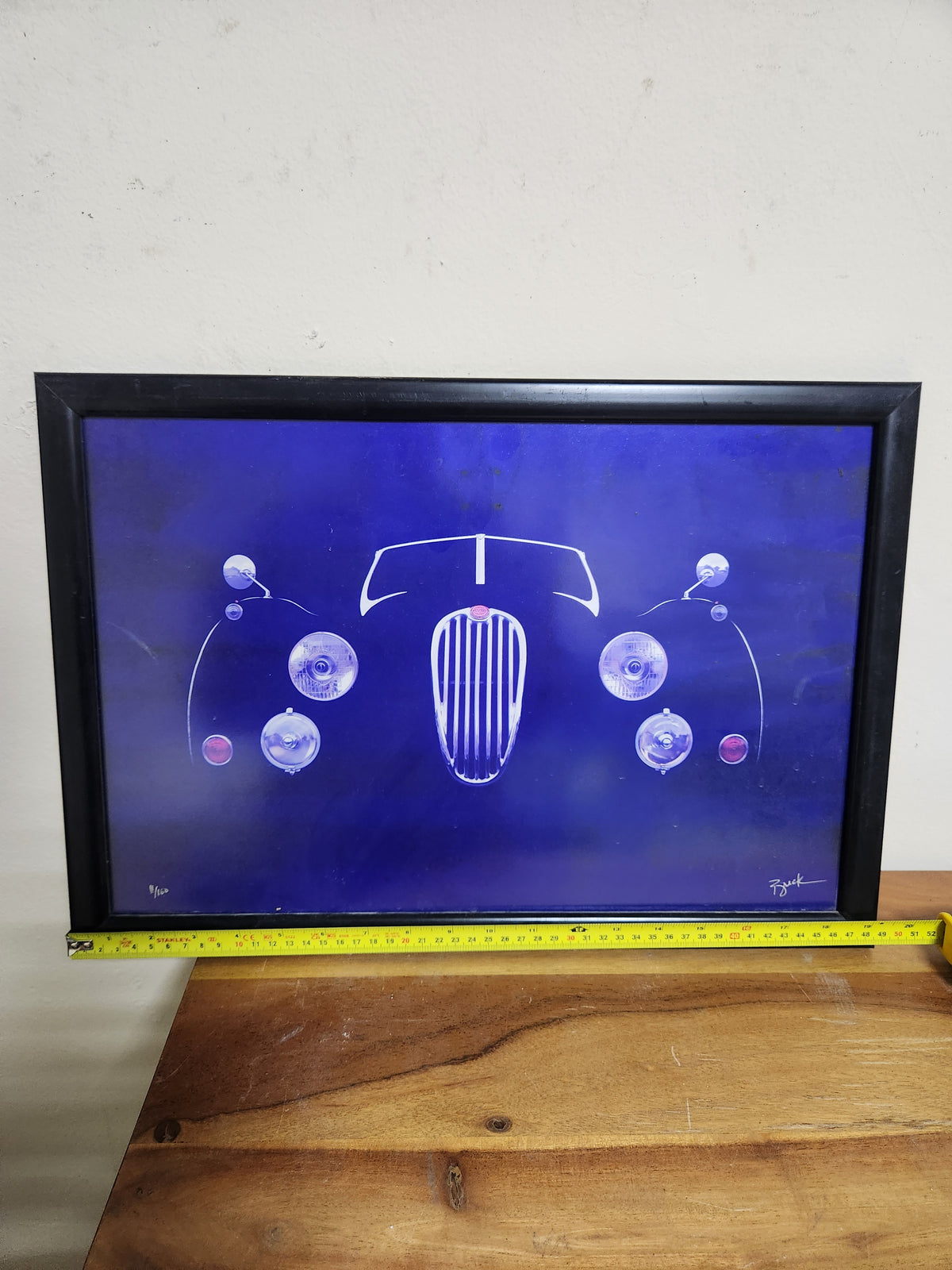 Signed Limited Edition Print 11/100 – Jaguar XK Front on Blue – Framed – 50 × 33 cm