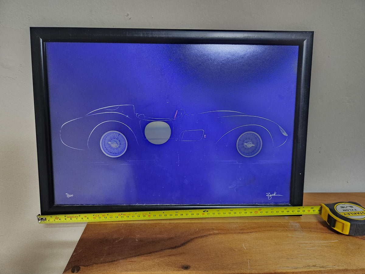 Signed Limited Edition Print 7/100 – 1950s Racing Car on Blue – Framed – 50 × 33 cm
