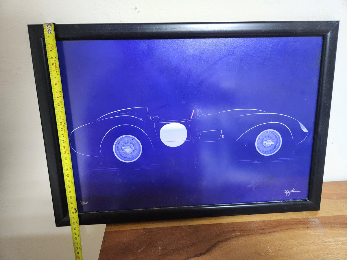 Signed Limited Edition Print 7/100 – 1950s Racing Car on Blue – Framed – 50 × 33 cm