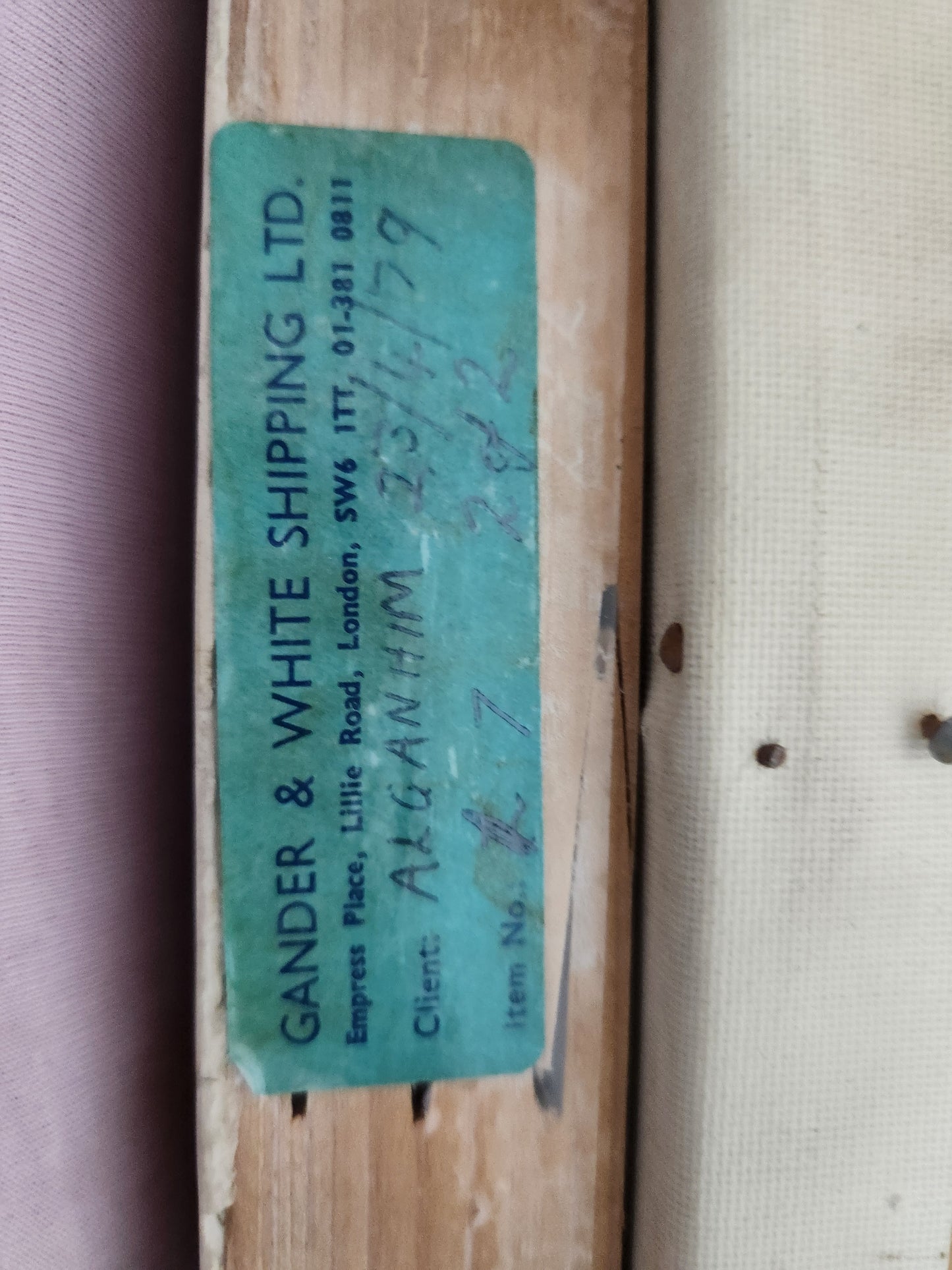 Gander & White Shipping Ltd London label on the stretcher, client A. Ganhim, dated 25/4/79