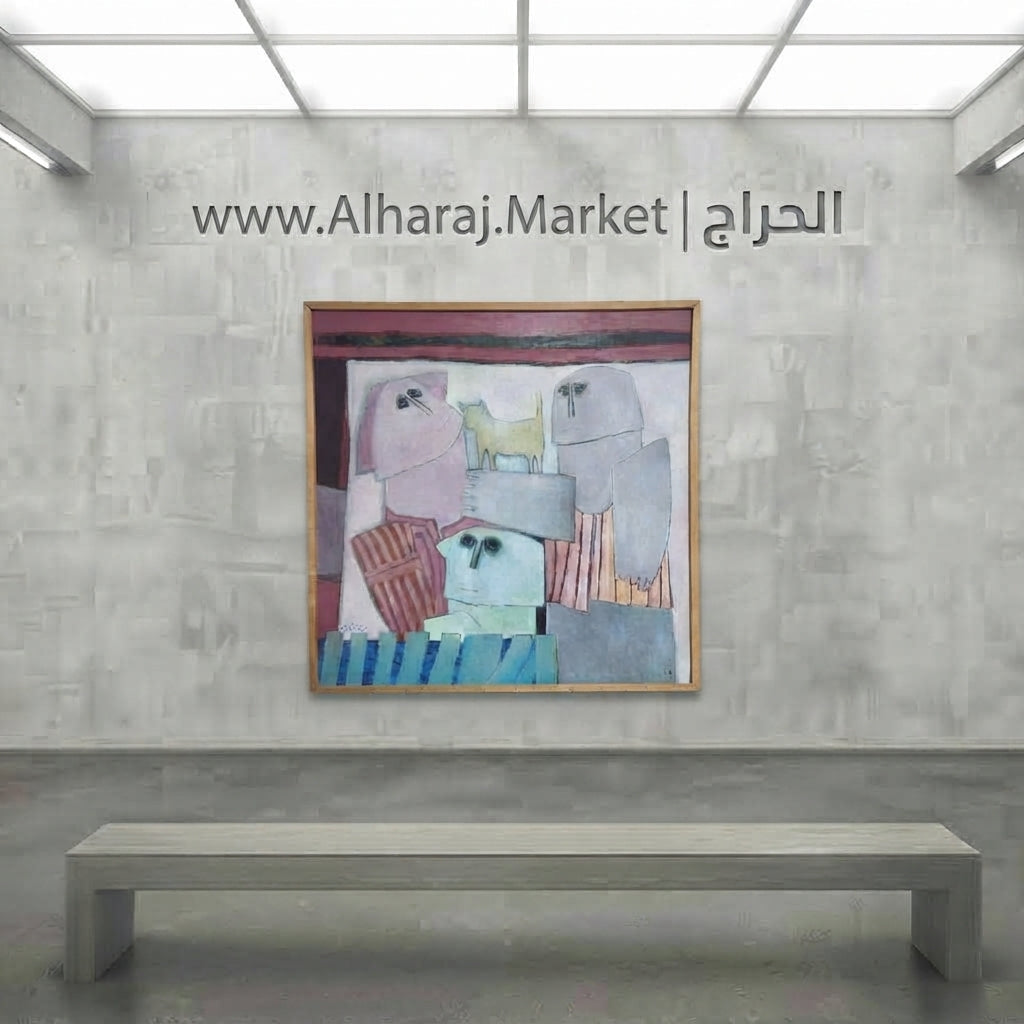 Rabab Nemr – Three Figures with a Cat, 1986 – Oil on Canvas, Signed – 72 × 72 cm